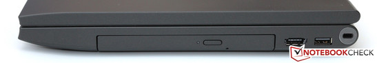 Rechte Seite: DVD-Brenner, USB 2.0/eSATA, USB 2.0, Kensington Lock