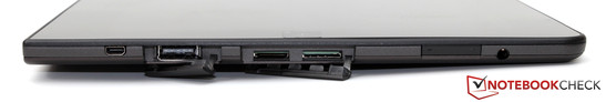 rechte Seite: Micro-HDMI, USB 3.0, MicroSD-Kartenleser, SIM-Slot, Lautstärkeregler, Headset-Buchse