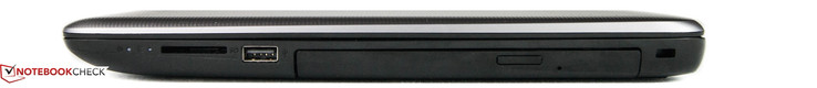 rechte Seite: Speicherkartenleser (SD), USB 2.0 (Type A), DVD-Brenner, Steckplatz für ein Kabelschloss