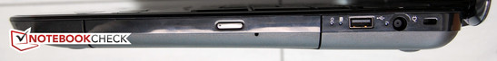 Rechte Seite: Kensington Lock, Power, USB 2.0, optisches Laufwerk