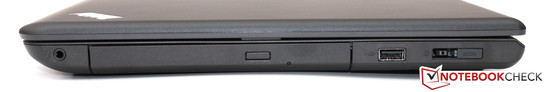 rechte Seite: Headset-Anschluss, DVD-Brenner, USB 2.0, Netzteilanschluss/OneLink