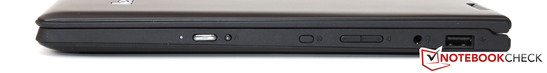 rechte Seite: Ein-/Aus-Schalter, Display Rotation Lock, Lautstärke-Wippe, Headset-Anschluss, USB 2.0