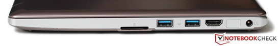 Rechte Seite: SD-Kartenleser, 2x USB 3.0, HDMI, Netzteilanschluss