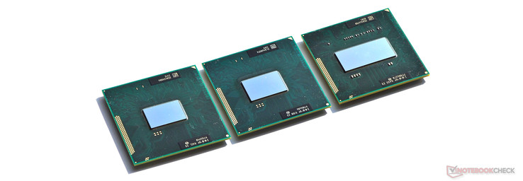 Die drei Varianten der Sandy Bridge Prozessoren: Dual-Core mit HD Graphics (hier Pentium B960, auch für Single Core genutzt), Dual-Core mit HD Graphics 3000 (hier Core i7-2640M) und Quad-Core mit HD Graphics 3000 (hier Core i7-2820QM).
