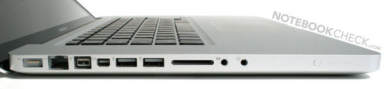 Alle Schnittstellen befinden sich auf der linken Gehäuseseite: Mag Safe, Gigabit LAN, FireWire 800, DisplayPort Mini, 2x USB 2.0, SD Card Slot, Line in & Line out (optisch & analog), Akku-LEDs