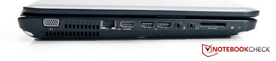 linke Seite: VGA, RJ-45 Fast-Ethernet-Lan, HDMI, 2x USB 2.0, Mikrofon, Kopfhörer, Kartenleser