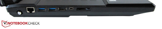 linke Seite: Antenne, RJ-45 Gigabit-Lan, 2x USB 3.0, USB 2.0, Firewire, 9-in-1-Cardreader