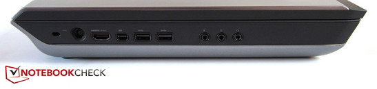 linke Seite: Kensington Lock, Stromeingang, HDMI, Mini-DisplayPort, 2x USB 3.0, 3x Sound