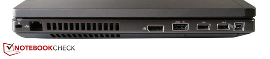 linke Seite: Kensington Lock, RJ-45 Gigabit-Lan, DisplayPort, eSATA-/USB-2.0-Combo, 2x USB 2.0, FireWire, 54 mm ExpressCard