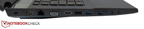 linke Seite: Kensington Lock, Strom, RJ-45 Gigabit-Lan, VGA, HDMI, DisplayPort, 2x USB 3.0, 7-in-1-Kartenleser, Mikrofon, Kopfhörer