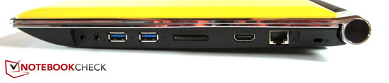 rechte Seite: Mikrofon, Kopfhörer, 2x USB 3.0, 4-in-1-Kartenleser, HDMI, RJ-45 Gigabit-Lan, Kensington Lock