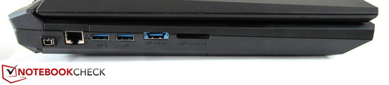 linke Seite: Mini FireWire, RJ-45 Gigabit-Lan, 2x USB 3.0, eSATA / USB 3.0, 9-in-1-Kartenleser