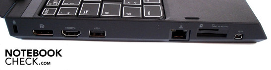 Linke Seite: Kensington Lock, Displayport, HDMI, USB 2.0, Fast-Ethernet-Lan, Kartenleser, Firewire Linke Seite: Kensington Lock, Displayport, HDMI, USB 2.0, Fast-Ethernet-Lan, Kartenleser, Firewire