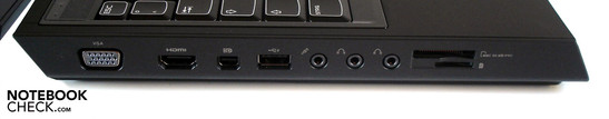 Linke Seite: VGA, HDMI, (Mini-)DisplayPort, USB 2.0, 3x Sound, 9-in-1-Kartenleser, SIM-Kartenslot Linke Seite: VGA, HDMI, (Mini-)DisplayPort, USB 2.0, 3x Sound, 9-in-1-Kartenleser, SIM-Kartenslot
