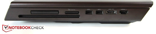 rechte Seite: optisches Laufwerk, ExpressCard (54 mm), 9-in-1-Kartenleser, 2x USB 3.0, eSATA- / USB-2.0-Combo, HDMI-In