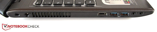 Linke Seite: Kensington Lock, DC-in, HDMI, 2x USB 3.0, 2x Sound Linke Seite: Kensington Lock, DC-in, HDMI, 2x USB 3.0, 2x Sound