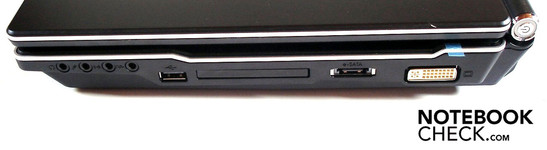 Rechte Seite: 4x Sound, USB 2.0, ExpressCard-Einschub, eSATA, DVI