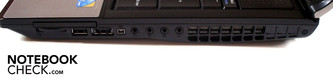 Rechte Seite: 54mm ExpressCard, Kartenleser, USB 2.0, eSATA/USB 2.0-Combo, Firewire, 4x Sound Rechte Seite: 54mm ExpressCard, Kartenleser, USB 2.0, eSATA/USB 2.0-Combo, Firewire, 4x Sound