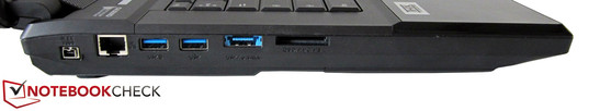 linke Seite: Mini-FireWire, RJ-45 Gigabit-Lan, 2x USB 3.0, eSATA / USB 3.0, 9-in-1-Kartenleser