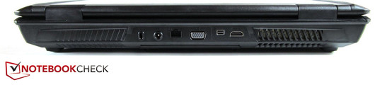 Rückseite: Kensington Lock, DC-in, RJ-45 Gigabit-Lan, VGA, Mini DisplayPort, HDMI 1.4