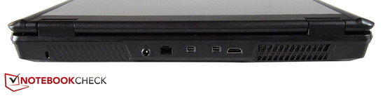 Rückseite: Kensington Lock, Stromeingang, RJ45-LAN, 2x Mini-DisplayPort, HDMI