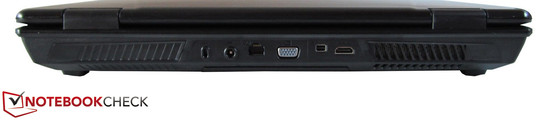 Rückseite: Kensington Lock, DC-in, RJ-45 Gigabit-Lan, VGA, Mini DisplayPort, HDMI