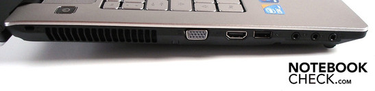 Linke Seite: Kensington Lock, VGA, HDMI, USB 2.0, 3x Sound
