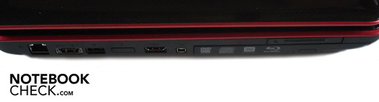 Linke Seite: RJ-45 Gigabit-Lan, eSATA/USB 2.0-Combo, USB 2.0, HDMI, Firewire, Express Card, Blu-Ray-Brenner Linke Seite: RJ-45 Gigabit-Lan, eSATA/USB 2.0-Combo, USB 2.0, HDMI, Firewire, Express Card, Blu-Ray-Brenner
