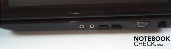 Rechte Seite: zwei Soundanschlüsse (Kopfhörer-Ausgang, Mikrofon-Eingang), zwei USB 2.0-Ports, VGA-Port, Gigabit Lan und Stromversorgung