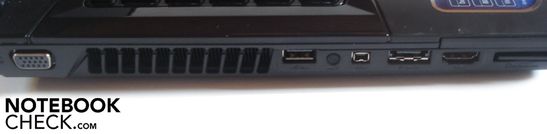 Linke Seite: VGA, USB 2.0, Firewire, eSATA, HDMI, Express Card, 8-in-1-Kartenleser