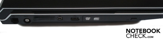 Linke Seite: RJ-11 Modem, Antenne, 7-in-1-Kartenleser, Firewire, USB 2.0, DVD-Brenner