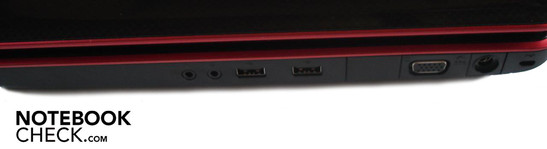 Rechte Seite: 2x Sound (Kopfhörer, Mikrofon), 2x USB 2.0, VGA, DC-in, Kensington Lock Rechte Seite: 2x Sound (Kopfhörer, Mikrofon), 2x USB 2.0, VGA, DC-in, Kensington Lock