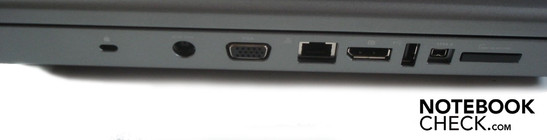 Linke Seite: Kensington Lock, DC-in, VGA, RJ-45 Gigabit-Lan, Displayport, USB 2.0, Firewire, 8-in-1-Kartenleser