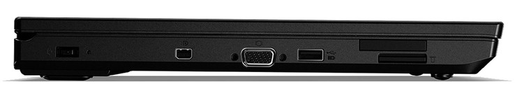 links: Netzanschluss, Mini-DisplayPort, VGA-Ausgang, USB 3.0, ExpressCard-Slot, Kartenleser