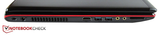 linke Seite: Kensington Lock, Stromeingang, HDMI, 2x USB 3.0, 2x Sound, Kartenleser