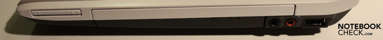 Rechte Seite: Express Card 34 mm, DVD-Brenner, Kopfhörerausgang, Mikrofoneingang, USB 2.0
