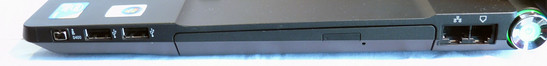 Rechts: Firewire, 2x USB 2.0, DVD-Laufwerk, LAN, Modem und Netzschalter.