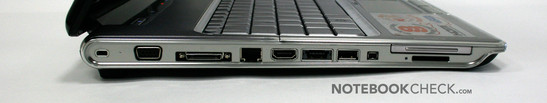 Linke Seite: Express Card 45, Cardreader (SD, MS (Pro), MMC, xD), Firewire 400, USB, eSata (mit integriertem USB), HDMI, Gigabit LAN, Dockingstation, VGA Linke Seite: Express Card 45, Cardreader (SD, MS (Pro), MMC, xD), Firewire 400, USB, eSata (mit integriertem USB), HDMI, Gigabit LAN, Dockingstation, VGA