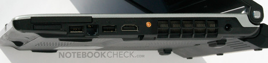 Rechts: ExpressCard 54mm, Cardreader (SD/SDHC/MMC/MS (Pro)), USB, Modem, USB, HDMI, nicht genutzter DVB-T Antennenanschluss, Strom