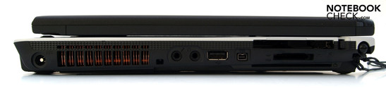 Linke Seite: Stromanschluss, Befestigungsöse für Stiftschnur, Mikrofon, Kopfhörer, USB-2.0, FireWire, ExpressCard, 5-in-1 Kartenleser, SmartCard Leser, Befestigungsöse für Stiftschnur, Steckplatz für Stift