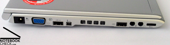 linke Seite: Netzanschluss, VGA Port, USB, Firewire, Lüfter, USB, Audio
