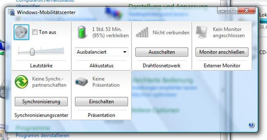 Das Windows Vista Mobilitätscenter fasst alle wichtigen Notebookeinstellungen zusammen.