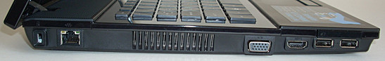 Left: Kensington Lock, LAN, vents, D-Sub/VGA, HDMI, ExpressCard/34, 2x USB Left: Kensington Lock, LAN, vents, D-Sub/VGA, HDMI, ExpressCard/34, 2x USB