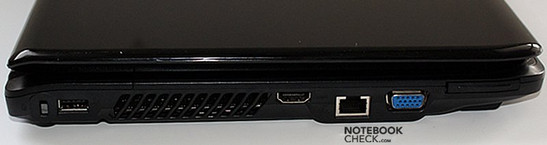 Linke Seite: Kensington Lock, USB, Lüfteröffnung, HDMI, LAN, VGA, ExpressCard/34