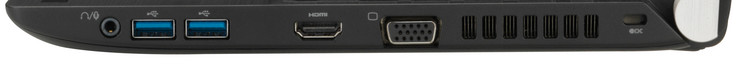 rechte Seite: Audio in/out, 2x USB 3.0, HDMI, VGA, Luftauslass, Kensington (Foto: Toshiba)