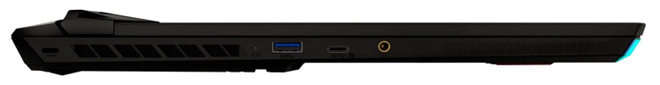 Linke Seite: Steckplatz für ein Kabelschloss, USB 3.2 Gen 2 (USB-A), USB 3.2 Gen 2 (USB-C; Displayport), Audiokombo
