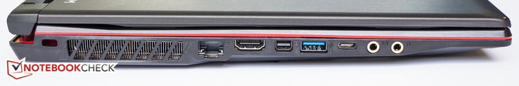 Links: Kensington Lock, Gigabit Ethernet, USB3.1 Gen1, HDMI, MiniDisplayPort, Kopfhörer