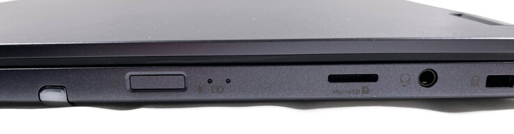 Rechts: Aktivstylus, Ein-/Ausschaltknopf mit integriertem Fingerabdruckscanner, Status-LEDs, MicroSD-Kartenleser, kombinierter 3,5-mm-Audioanschluss, Kensington Lock
