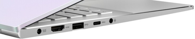 Linke Seite: Netzanschluss, HDMI, 1x USB 3.2 Gen1 Typ-A, 1x USB 3.2 Gen1 Typ-C, 3,5-mm-Headsetanschluss