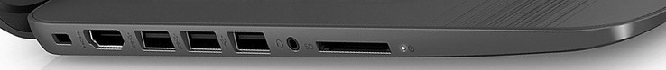 Linke Seite: Kabelschloss, HDMI, 2x USB 3.0, 1x USB 2.0, kombinierter Audioanschluss, SD-Kartenleser